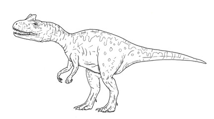 Drawing of predatory dinosaur - hand sketch of Allosaurus, black and white illustration