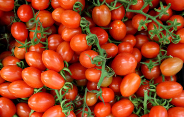 Small red italian tomatoes called Datterini, with branches and little leaves. Top view, food background