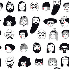 Hand drawn doodle set of people faces. Portraits of various men and women. Trendy black and white icons collection. Vector seamless pattern. Perfect for textile prints, wallpapers
