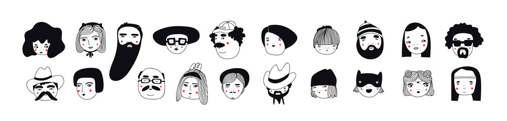 Hand drawn doodle set of people faces. Perfect for social media, avatars. Portraits of various men and women. Trendy black and white icons collection. Vector illustration. All elements are isolated