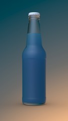 Transparent bottle with bubble light blue liquid and white cap on color background. 3D render Mockup