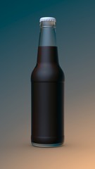 Transparent bottle with bubble dark liquid and white cap on color background. 3D render Mockup