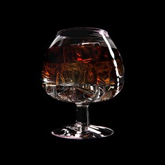 Cognac glass with ice cubes on black background with white reflections. 3D render
