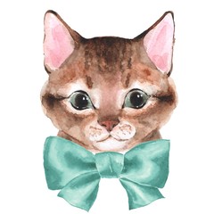 Cute cat with bow. Hand painting watercolor illustration