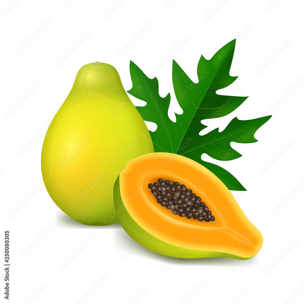 Poster Realistic 3d Detailed Papaya with Half. Vector