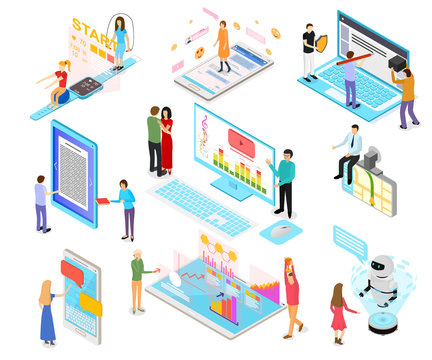 People and App Interfaces Concept 3d Isometric View. Vector