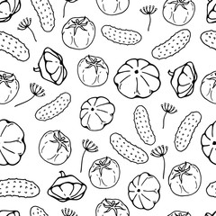 Fototapeta na wymiar Pattern of vector illustrations on the vegetarianism theme: various types of vegetables. Isolated editable objects for your design.