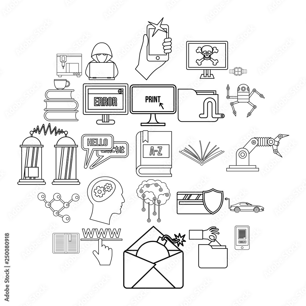 Poster cybernetics icons set. outline set of 25 cybernetics vector icons for web isolated on white backgrou