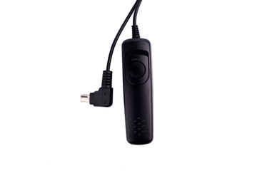 Black cable shutter remote for DSLR camera isolated on white background