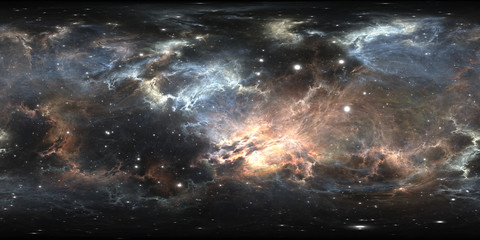 360-Grad-Weltraumnebel-Panorama, gleichwinklige Projektion, Umgebungskarte. Sphärisches HDRI-Panorama. Weltraumhintergrund mit Nebel und Sternen