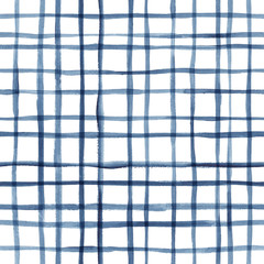 Hand painted indigo grid background. Seamless watercolor pattern