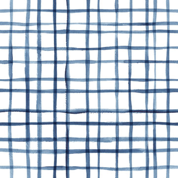 Hand painted indigo grid background. Seamless watercolor pattern