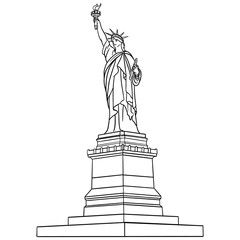 Hand-drawn vector illustration of Statue of Liberty in black and white. outline comic. Friendly, isolated.