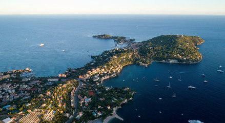 aerial of the saint jean cap ferrat peninsula and beaulieu sur mer in the south of france nice at...