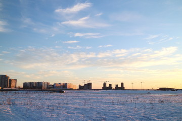 new city block on the outskirts of the city in winter