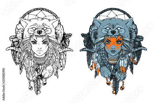 Download "Native American girl with Wolf headdress and feathers ...