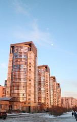 city block high rise buildings at sunset