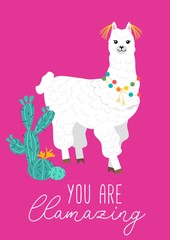You are llamazing cute card with llama and cacti. Hand drawn inspirational alpaca card. Vector illustration