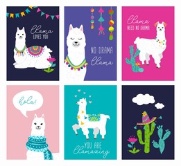 Set of cute card with alpacas. Inspirational llamas posters with colorful design and inspirational quotes. Llama loves you. No drama llama. Hola! You are llamazing. Vector llama illustration
