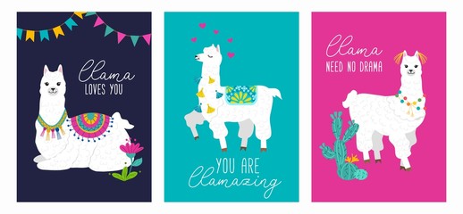 Set of cute card with alpacas. Inspirational llamas posters with colorful design and inspirational quotes. Llama loves you. No drama llama. You are llamazing. Vector llama illustration﻿ © Microstocker.Pro