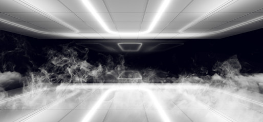 Smoke Fog Sci Fi Modern Futuristic White And Black Room With Reflections And Neon Lights On The Ceiling Empty Space 3D Rendering