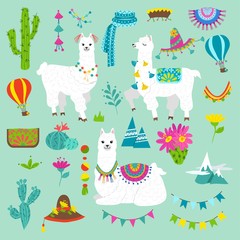 Set of cute alpacas and hand drawn elements. Llamas and cacti vector illustration. Summer design elements for greeting cards, baby shower, invitation, posters etc.