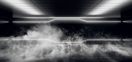 Smoke Fog Neon Glowing Cyber White Sci Fi Modern Futuristic Minimalistic Dark Black Room With Reflections On The Walls Empty Space 3D Rendering