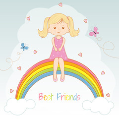 Beautiful little girl sitting on the rainbow.