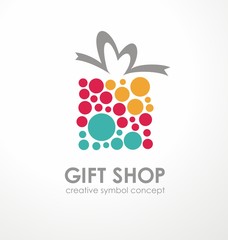 Logo design for gift shop. Gift box symbol made from colorful circles. Vector icon.