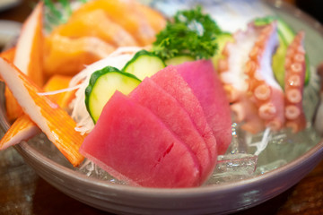japanese foods sashimi (raw sliced fish, shellfish or crustaceans)