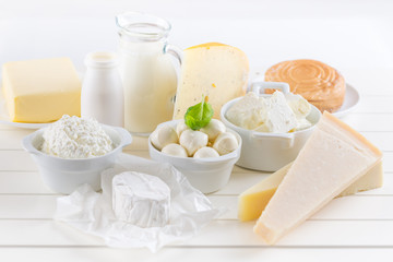 Variation of dairy products on white