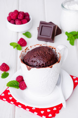 Chocolate mug cupcake with whipped cream, chocolate chips and fresh raspberries on a white wooden background.