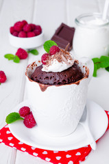 Chocolate mug cupcake with whipped cream, chocolate chips and fresh raspberries on a white wooden background.