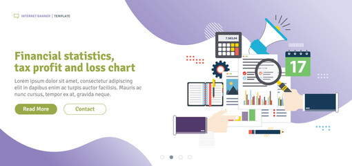 Financial statistics, tax profit and loss chart. Calculations of rate, investment and tax. Analysis of documents with charts. Flat design for web banner in vector illustration.