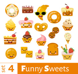 Vector set of cute funny emoji sweet food icons. 