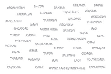 Asian country names written with water color brush strokes in grey color.
