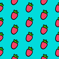 Hand drawn seamless pattern with strawberry on blue font