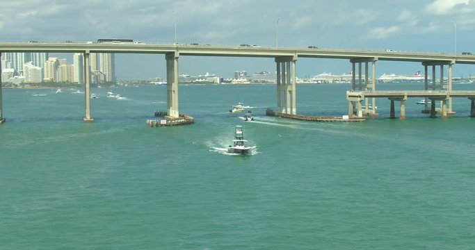 Aerial video performance fishing boat Biscayne Bay Miami 4k 60p