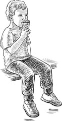 A sketch of a little boy eating ice cream