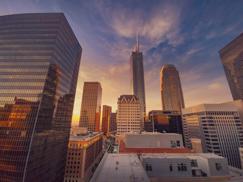 Fototapeta City of Los Angeles at sunset, downtown buildings skyline. Wide angle.