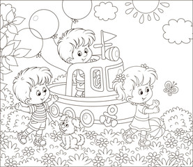 Little children and a small puppy playing on a toy ship on a playground in a summer park, black and white vector illustration in a cartoon style for a coloring book