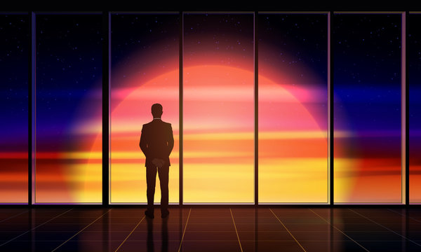 Businessman Standing By The Window Looking Out. Man Looks Into Beautiful Space With Sun Outside The Window. Concept Of Space Exploration, Business, Innovation. Vector Illustration