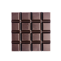 Chocolate, bitter, dark chocolate bar isolated on white background, top view