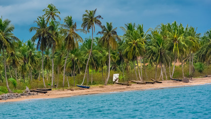 Sao Tome, traditional wooden dugouts on the shore, with beautiful palm trees in background 