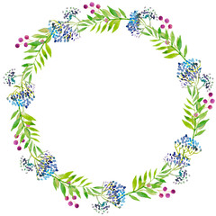 watercolor illustration wreath, green leaves and blue branches with red berries.