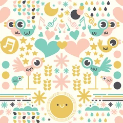 Tuinposter Beautiful Vector seamless pattern with birds and hearts and flowers for Valentine's Day and other users. Design element Vector © Team Oktopus