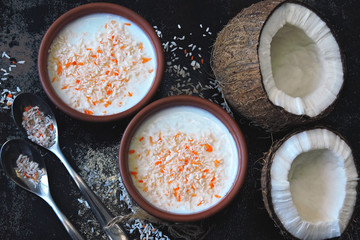 Coconut yogurt, coconut and colored coconut chips. Fermented foods. Probiotics. Vegan yogurt.