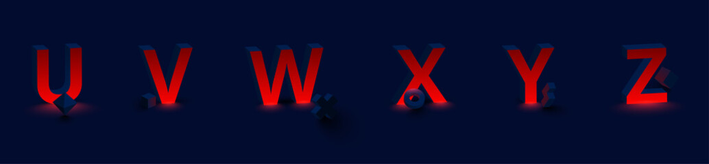 Red luminous latin 3d letters U, V, W, X, Y, Z. Font design for logo. © svetlaborovko