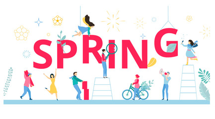 Spring white poster with happy people building figures.