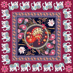 Indian ornamental shawl with fairy stylized peacock, paisley, flowers and animal border with cute cartoon elephant. Ethnic style.
